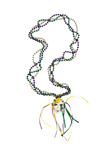 Full Face Masquerade Face with Ribbons on a Braided Purple Green Gold Specialty Beads