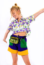 Mardi Gras Floral Block Print Button Up Crop Top Shirt