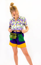 Mardi Gras Floral Block Print Button Up Crop Top Shirt