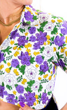 Mardi Gras Floral Block Print Button Up Crop Top Shirt