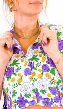 Mardi Gras Floral Block Print Button Up Crop Top Shirt