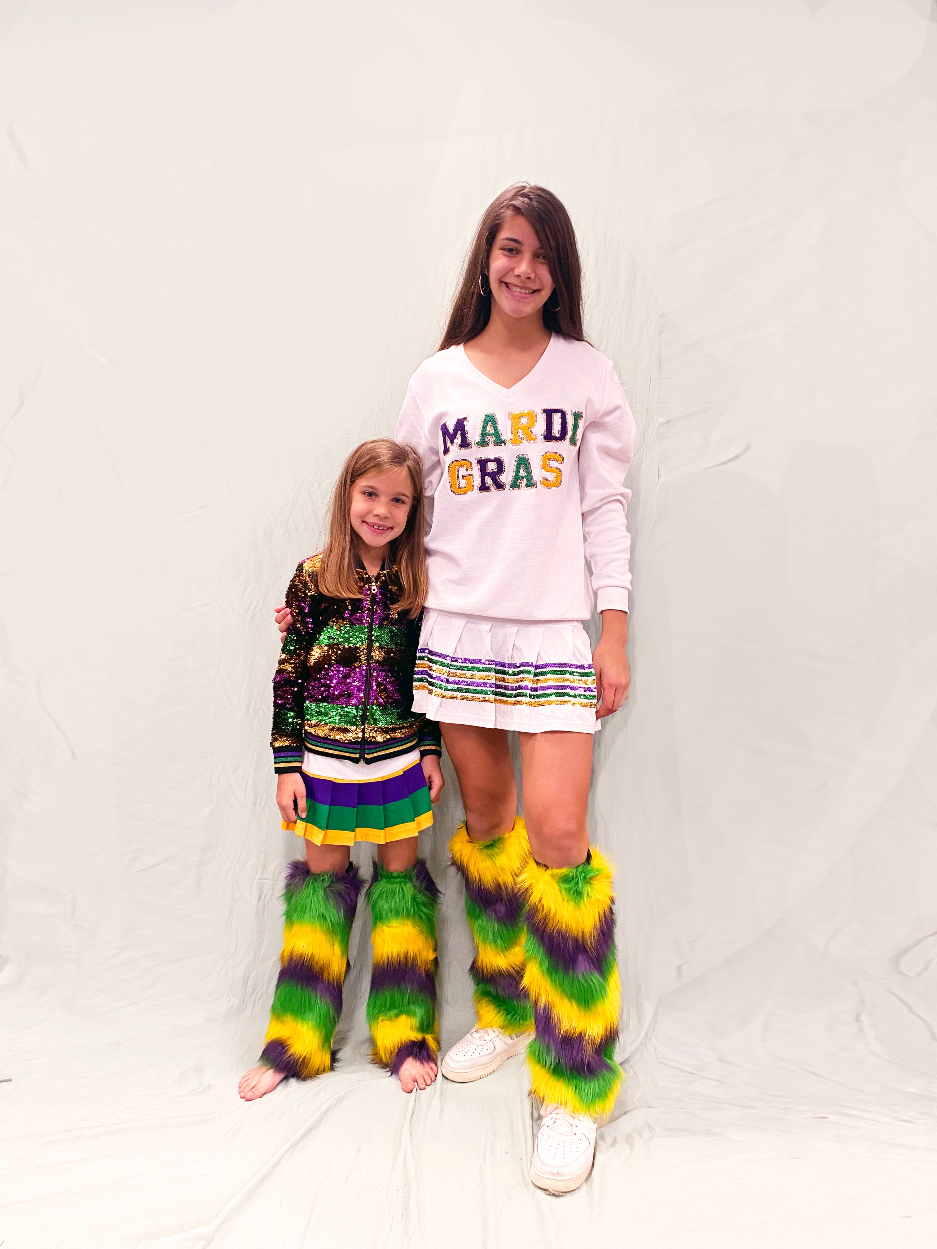 Fuzzy Leg Warmers with Multi Purple Green Gold Stripes – Mardi