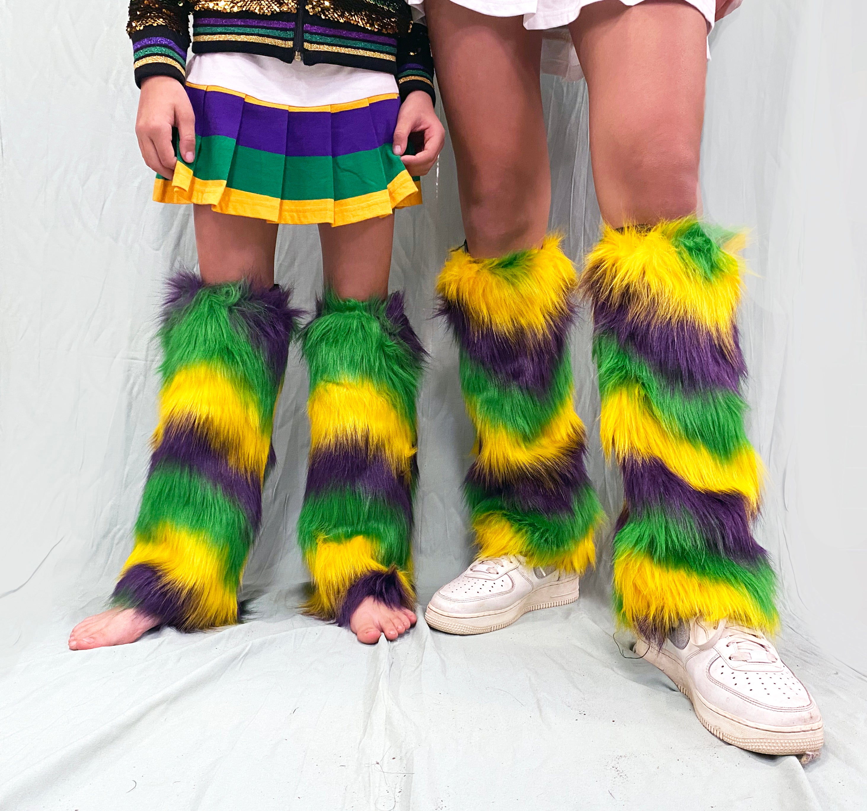 Fuzzy Leg Warmers with Multi Purple Green Gold Stripes – Mardi