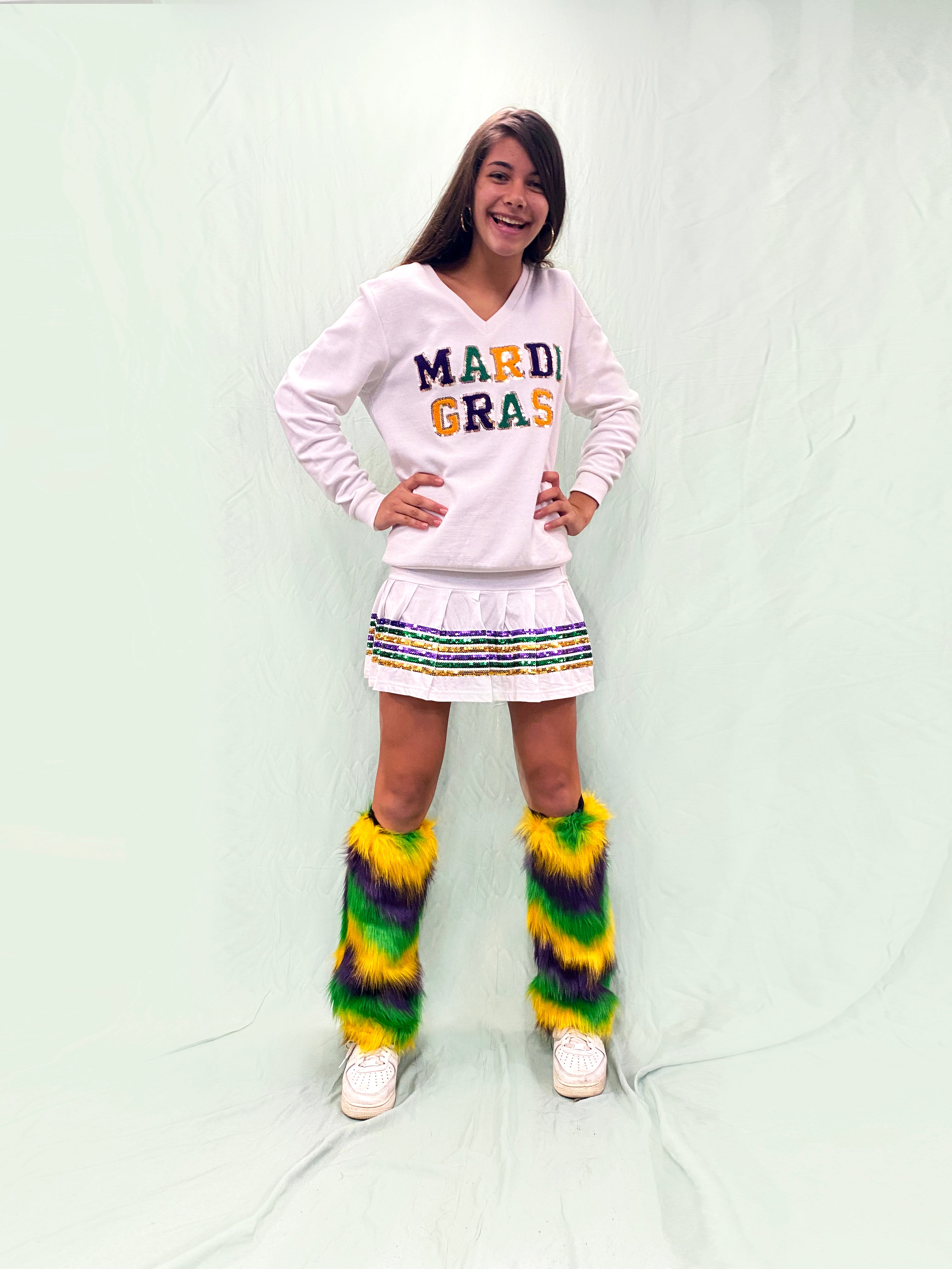Fuzzy Leg Warmers with Multi Purple Green Gold Stripes – Mardi