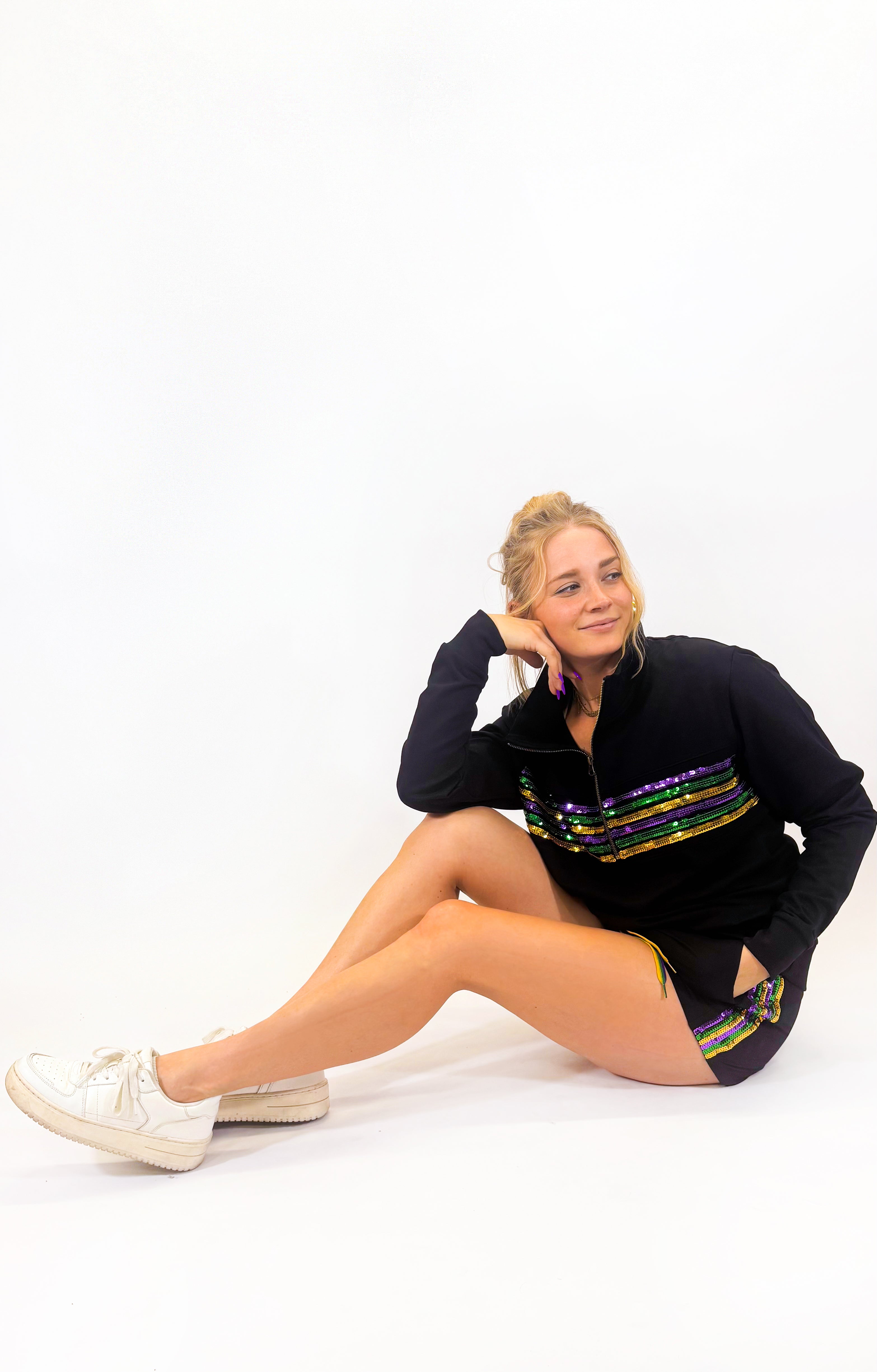 Adult Sequin Chest Stripe 1/4 Zip Pullover – Black – Mardi Gras