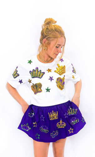 White Crown and Stars Short Sleeve Crop Top