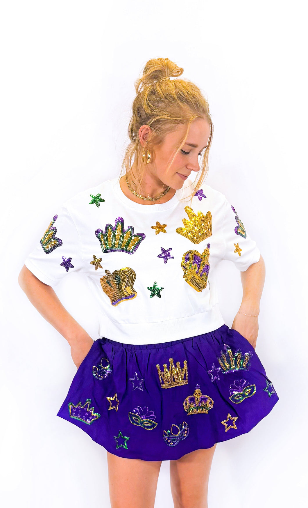 White Crown and Stars Short Sleeve Crop Top