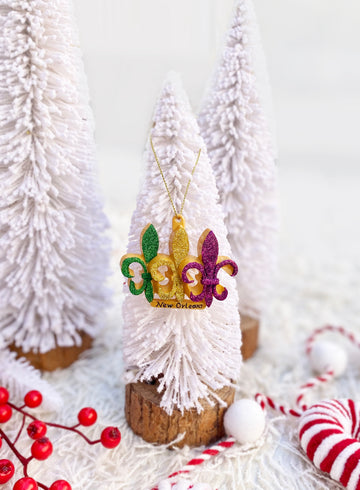 Glitter Fleur de Lis Trio Ornament (Purple/Green/Gold)