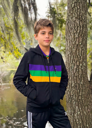 Black Chest Stripe Youth Zip Up Hoodie