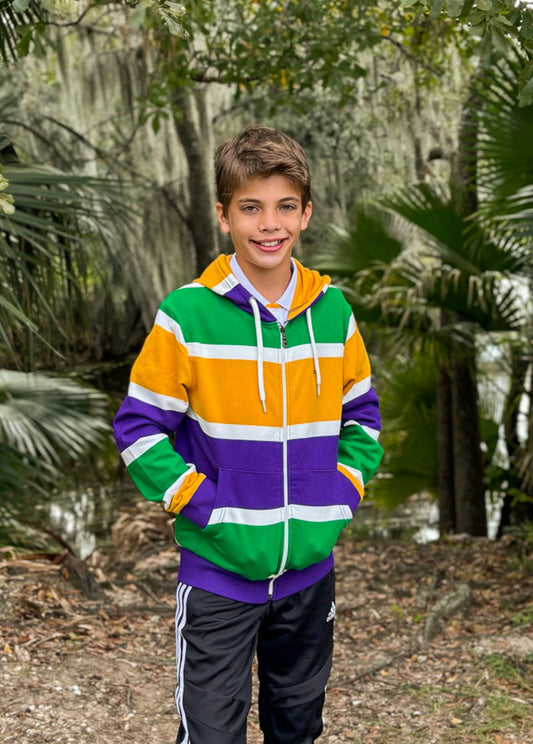 Sweat à capuche zippé jeune rugby à larges rayures