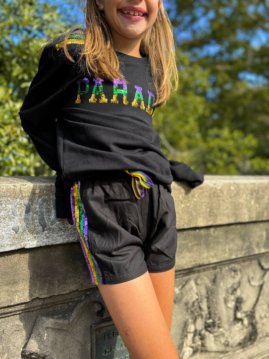 Short en viscose à rayures à sequins pour jeunes - Noir