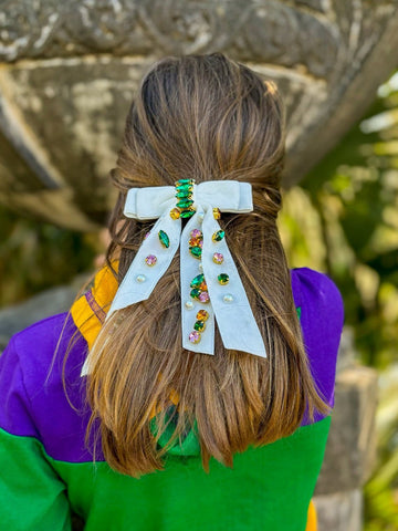 Nœud Papillon en Ruban Orné de Bijoux - Blanc