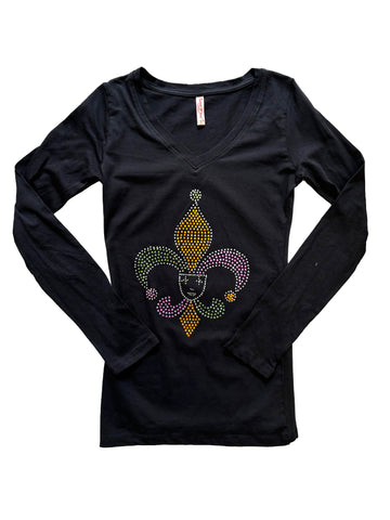 Camiseta de manga larga con cuello de pico ajustada para mujer con diseño de flor de lis y centro de máscara con diamantes de imitación
