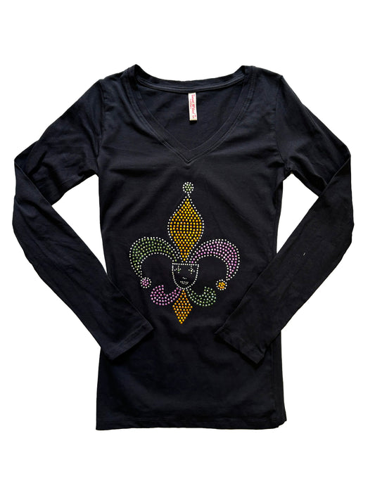 T-shirt femme cintré à manches longues et col en V, motif Fleur de Lys avec masque central en strass