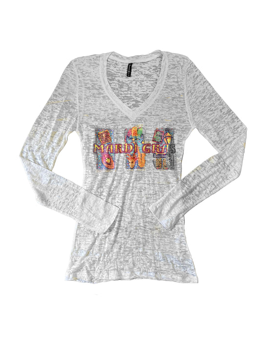 T-shirt ajusté col en V manches longues femme Motif Trio Symboles Mardi Gras