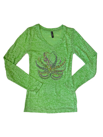Camisa de manga larga con cuello de pico y diseño de máscara de diamantes de imitación de Mardi Gras en diamantes de imitación morados para mujer