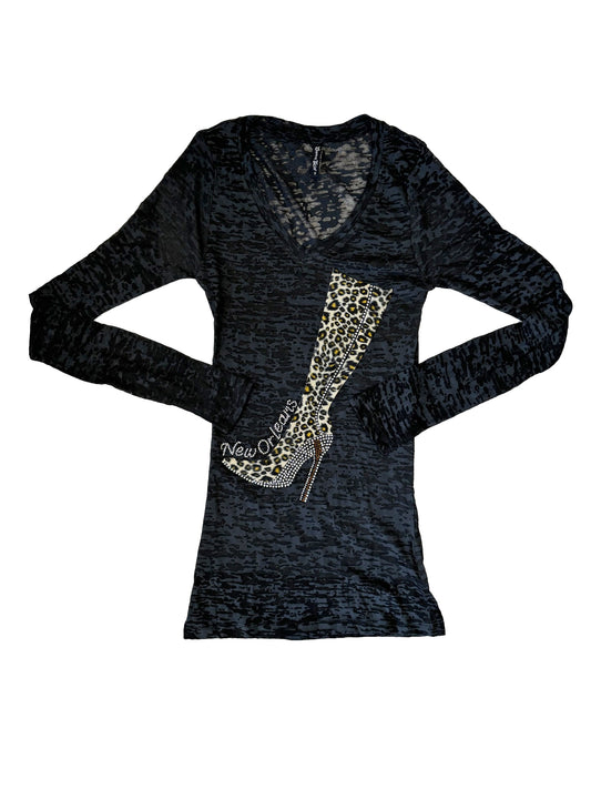 Black and Gold Leopard Stiletto Boots Rhinestone Tshirt