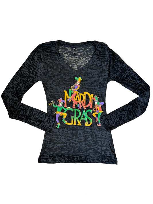Three Jesters Mardi Gras.. T-shirt moulant à manches longues col en V dévoré
