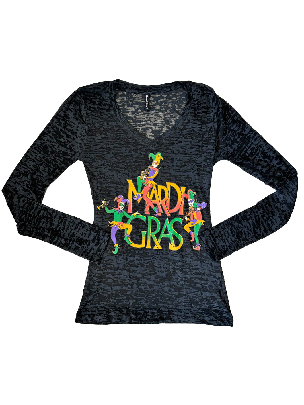 Three Jesters Mardi Gras.. Long Sleeve Fitted V-Neck Burnout T-shirt