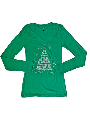 Camiseta entallada de manga larga con cuello de pico para mujer, con estampado de árbol de Navidad con pedrería