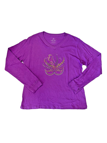 Camisa de mujer de manga larga con cuello de pico y máscara de diamantes de imitación de Mardi Gras multicolor