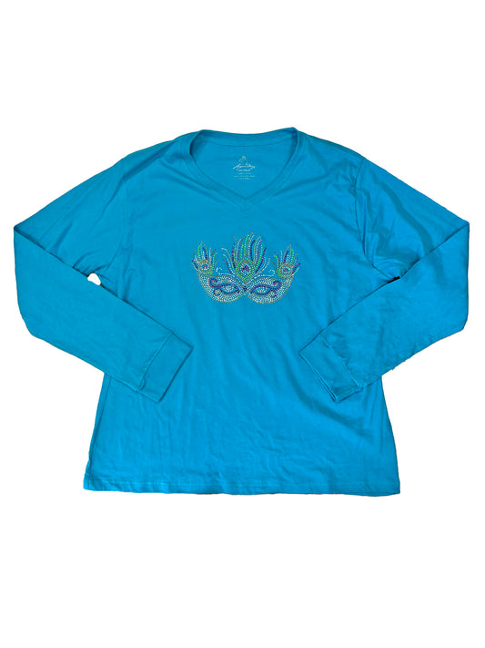 Mask with Peacock Feathers Rhinestone T-Shirt (Short or Long Sleeve)