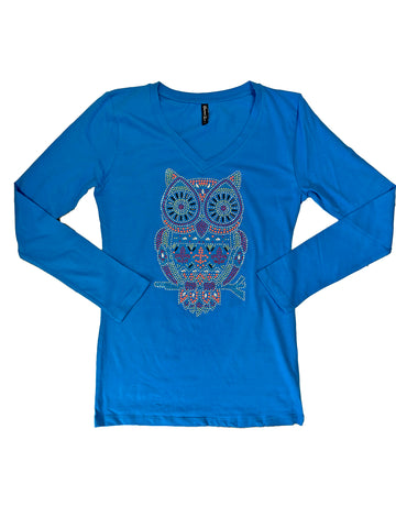 T-shirt moulant col en V à manches longues avec hibou multicolore et strass fleur de lys