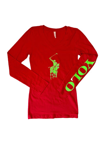 T-shirt ajusté à manches longues et col en V Yolo Polo pour femme