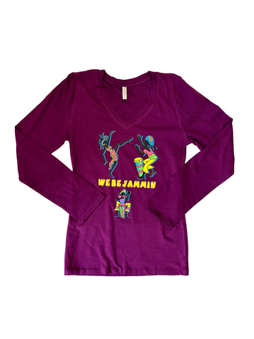T-shirt cintré à manches longues et col en V pour femme We Be Jammin Trio