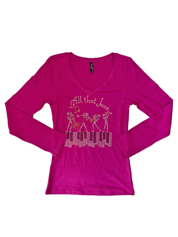 Camiseta de manga larga ajustada con cuello en V de mujer de New Orleans Jazz Piano