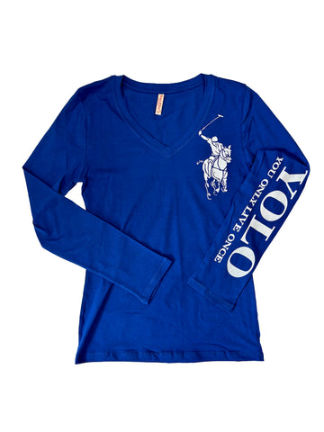 T-shirt à manches longues et col en V ajusté pour femme "On ne vit qu'une fois"