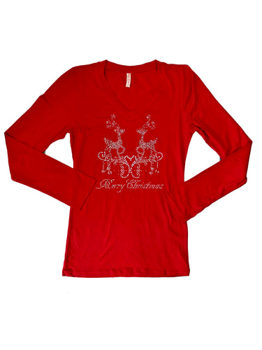 Merry Christmas Reindeer Rhinestone Women's Long Sleeve V-Neck Fitted T-Shirt