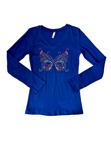 Mardi Gras Rhinestone Butterfly Mask Long Sleeve Fitted V-Neck T-Shirt