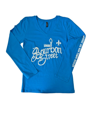 Camiseta de manga larga ajustada con cuello en V para mujer con diseño flocado de Bourbon Street