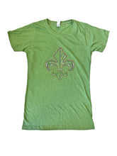 Fleur de Lis Purple Green Gold with Swirls Rhinestone Short Sleeve V-Neck T-Shirt