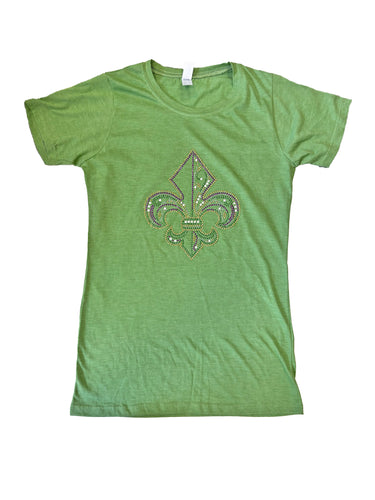 Fleur de Lis Purple Green Gold with Swirls Rhinestone Short Sleeve V-Neck T-Shirt