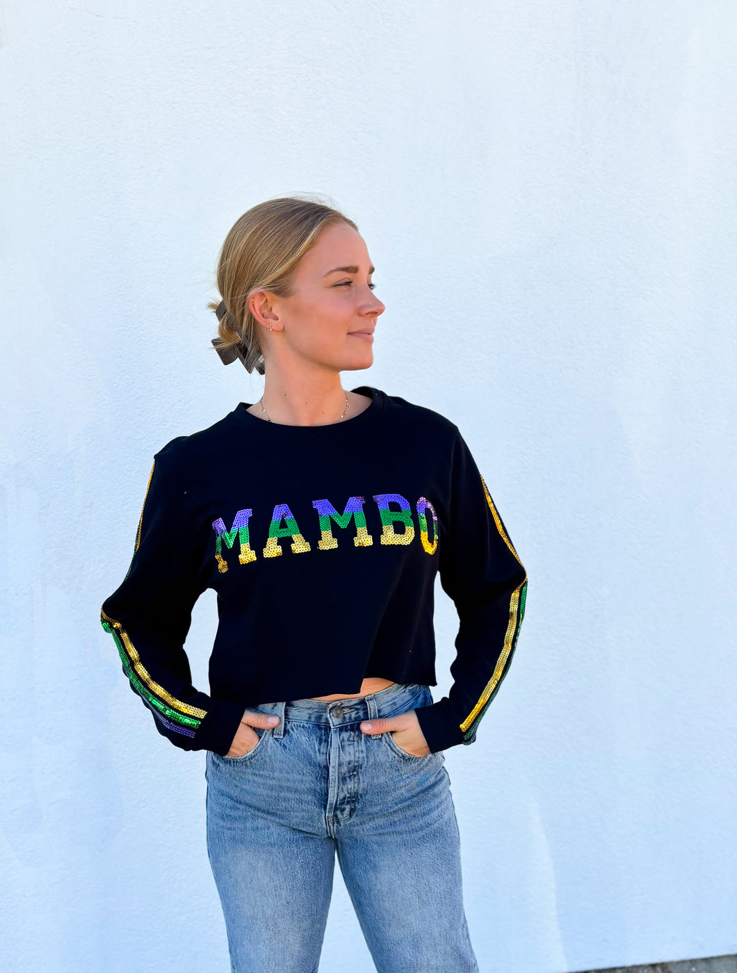 Sequin Mambo Crop Pullover - Black