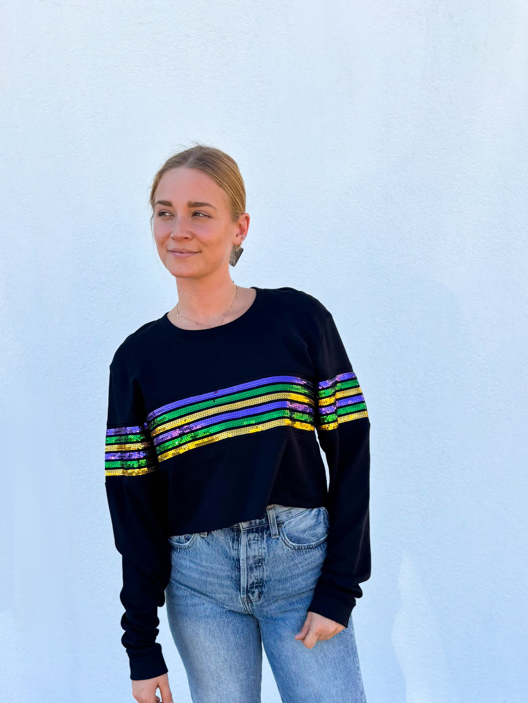 Sequin Chest Stripe Crop Pullover - Black