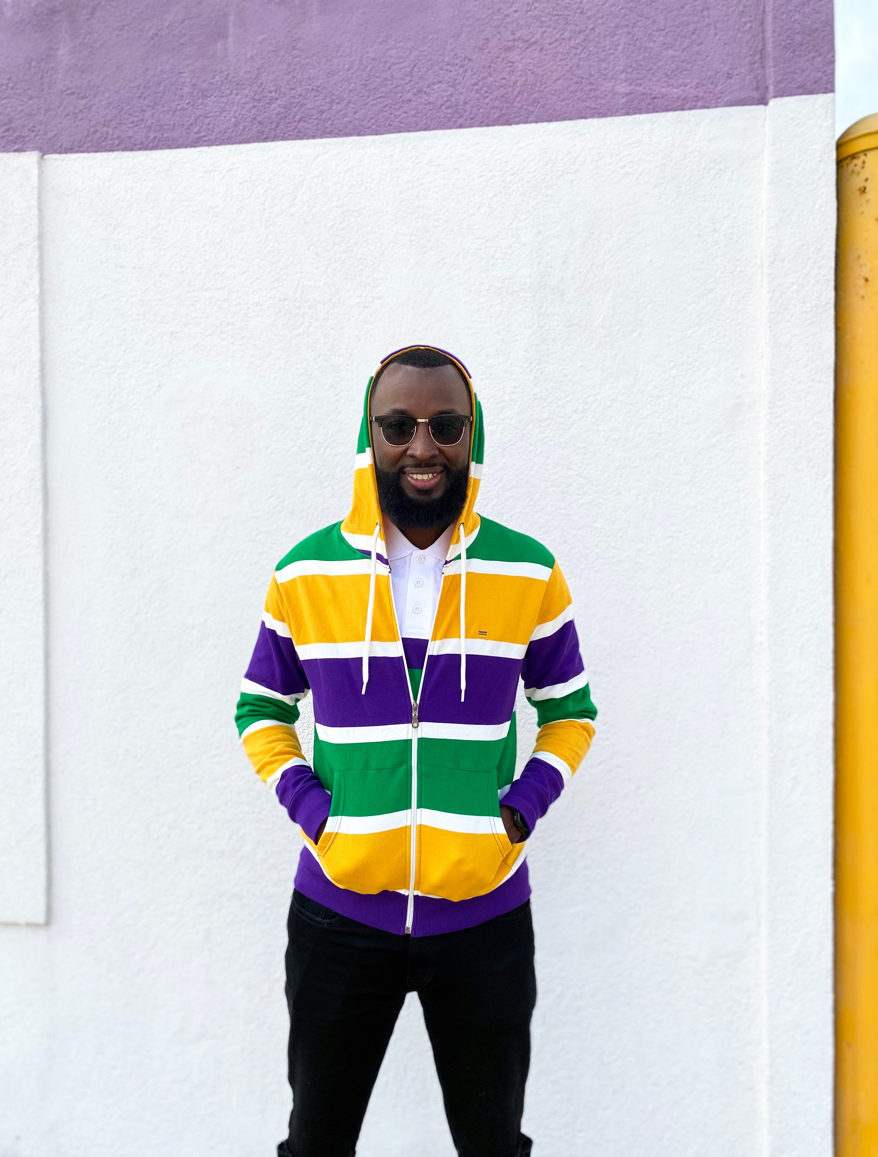 Thick Stripe Rugby Adult Zip Up Hoodie – Mardi Gras Creations Thick Stripe Rugby Adult Zip Up Hoodie – Mardi Gras Creations