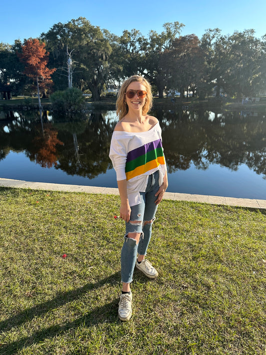 White Chest Stripe Off the Shoulder Jersey Top
