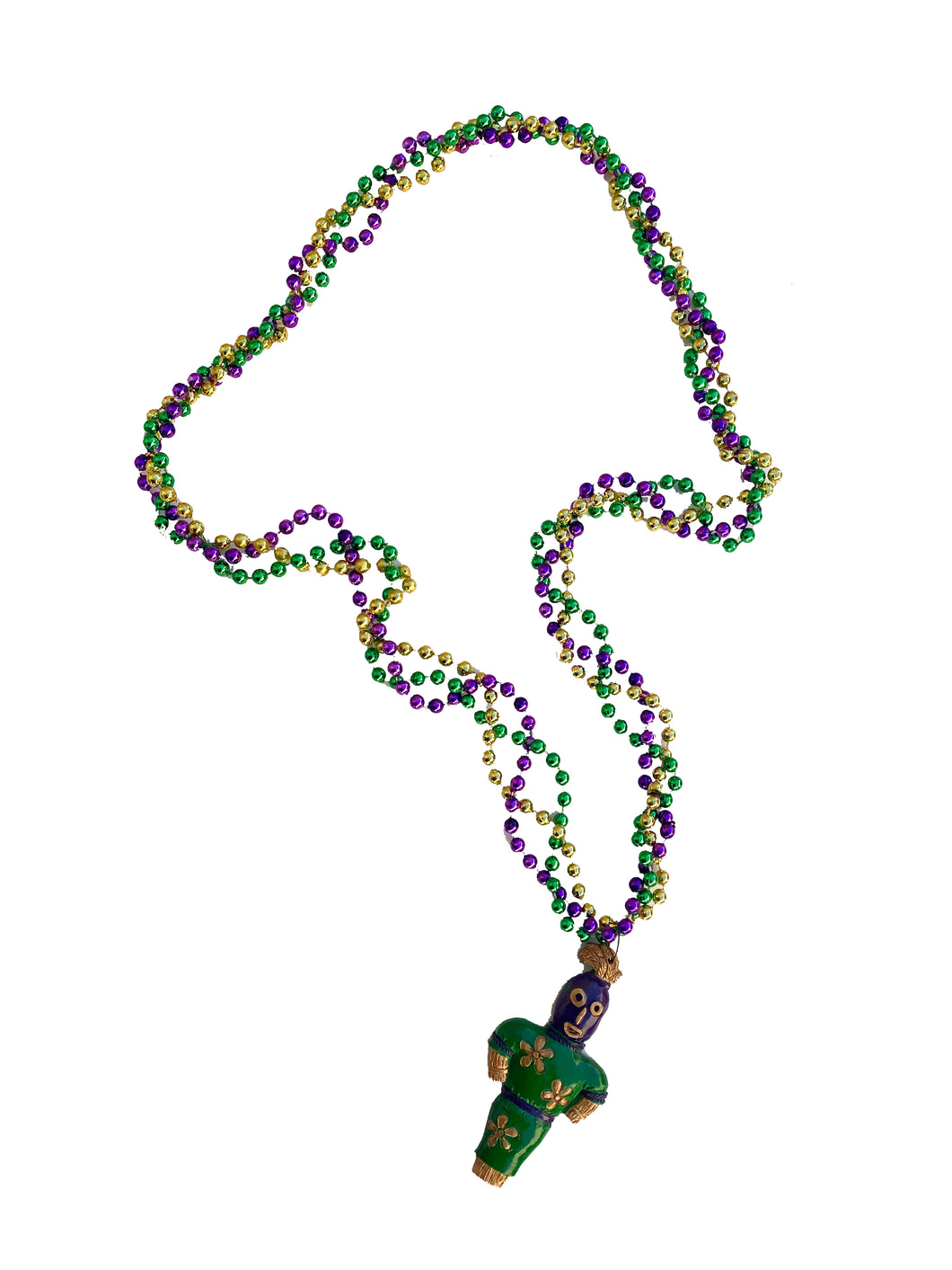 Voodoo Doll Medallion on Braided Purple, Green, and Gold Specialty Bead