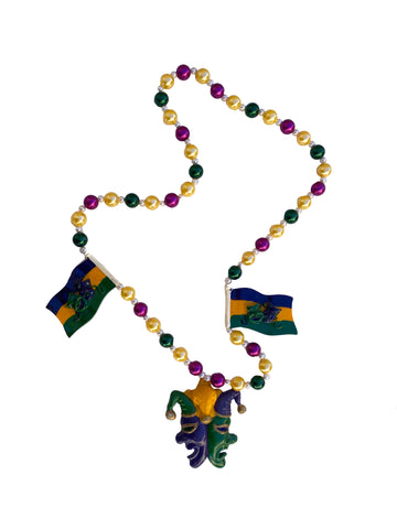 Trio de drapeaux de bouffon sur des perles fantaisie violettes, vertes et dorées