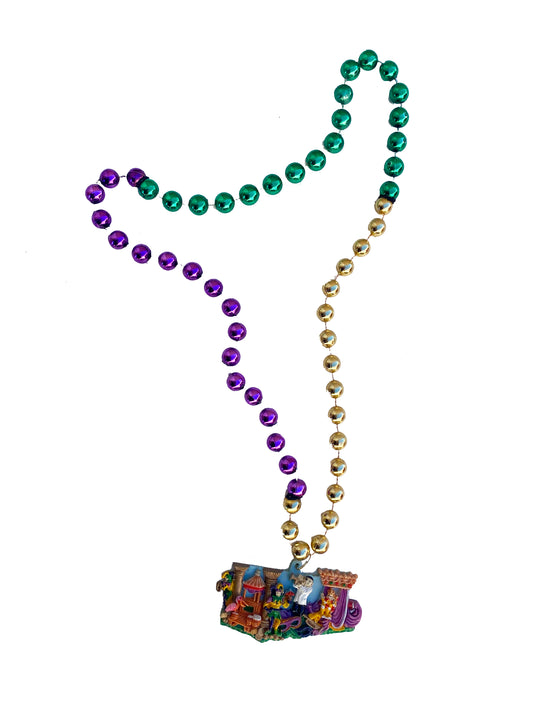Mardi Float with King Medallion on Purple, Green, and Gold Specialty Bead