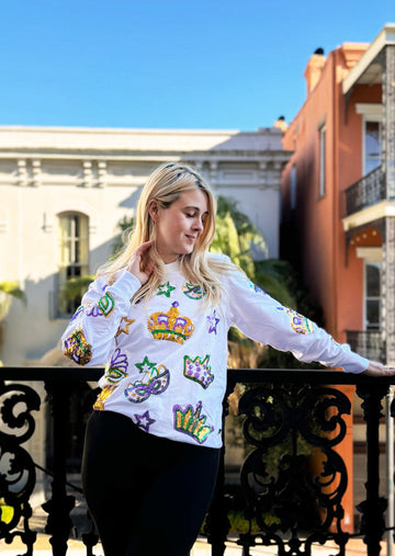 Sudadera ligera de rizo francés con coronas y máscaras para adultos - Blanca
