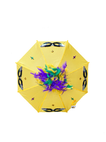 Sombrilla de Plumas de Mardi Gras con Apliques de Máscaras de Lentejuelas