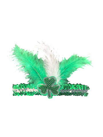 Diadema de lentejuelas con trébol verde y plateado y plumas (Día de San Patricio)