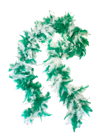 Des boas en plumes bicolores vert vif et blanc avec du papier d'aluminium assorti