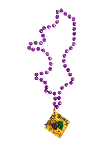 Medallón de Mardi Gras con cara feliz y triste en collares especiales morados