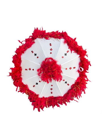 Sombrilla de plumas rojas y blancas (Día de San Valentín)