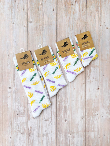 Calcetines acanalados blancos de Mardi Gras (para bebés, niños y adultos)